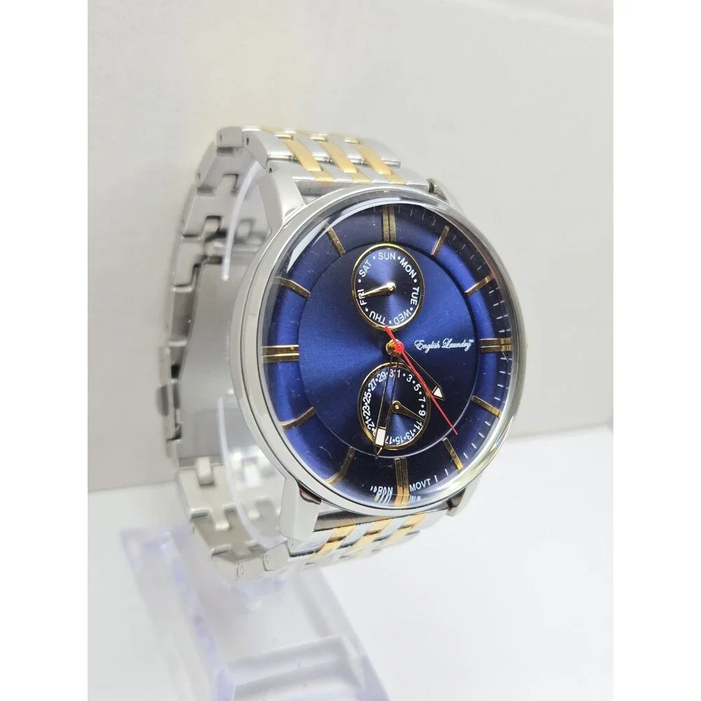 English Laundry EL7953 Mens Quartz Watch Blue Dial Two Tone Day Date New Battery